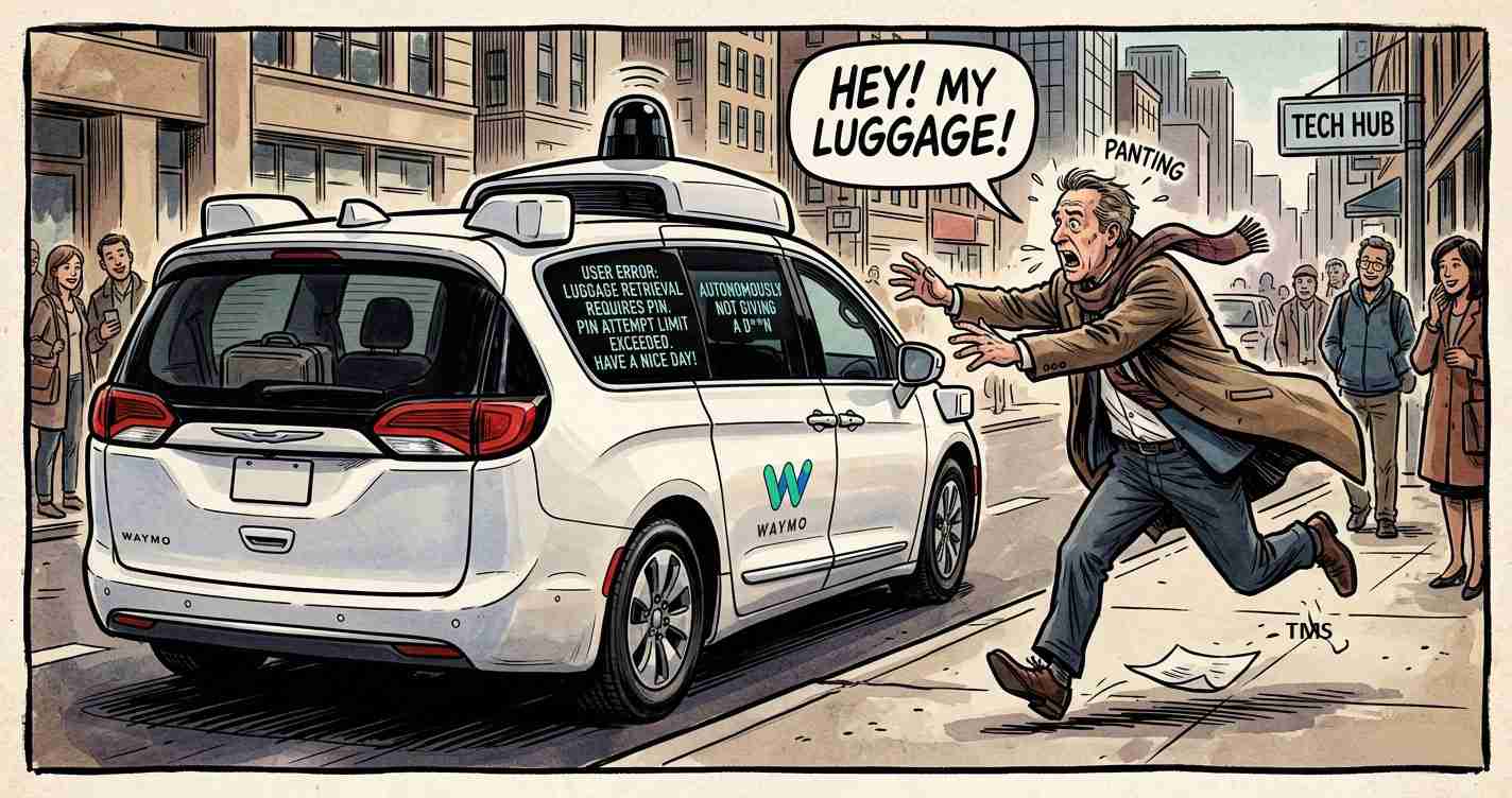 A man runs after a white Waymo self-driving taxi on a city street, shouting, 'Hey! My luggage!' while bystanders look on; the car window shows error text about luggage retrieval.
