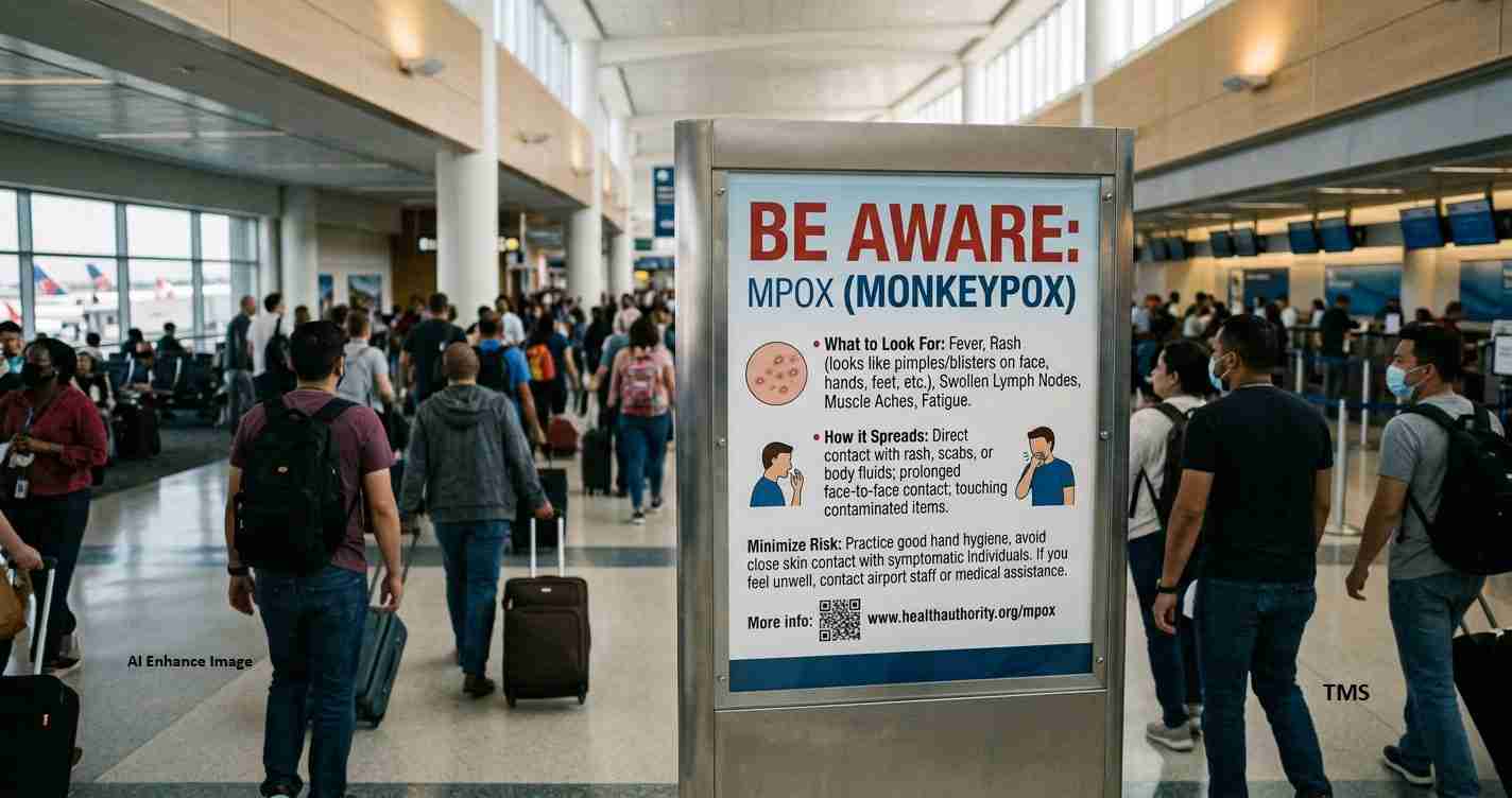 Busy airport terminal with a large poster warning about monkeypox and symptoms at center stage.