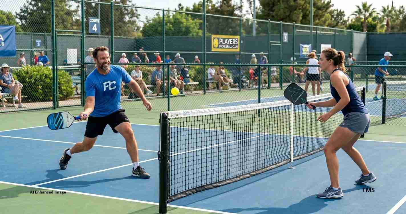 Man in blue shirt and black shorts volleys a pickleball toward a woman in blue tank top and gray shorts on a fenced court with spectators behind the net.