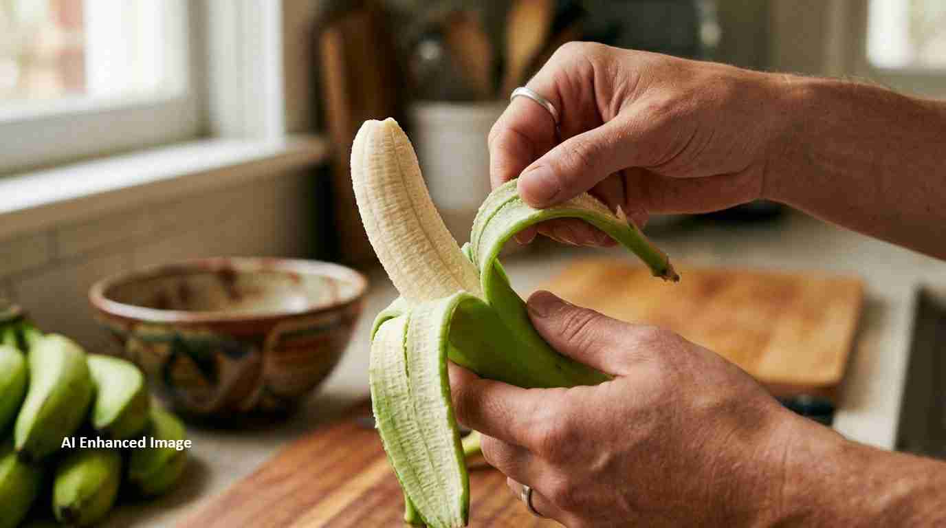 Hands peel a banana on a wooden kitchen counter, with a bowl and cutting board in the background.