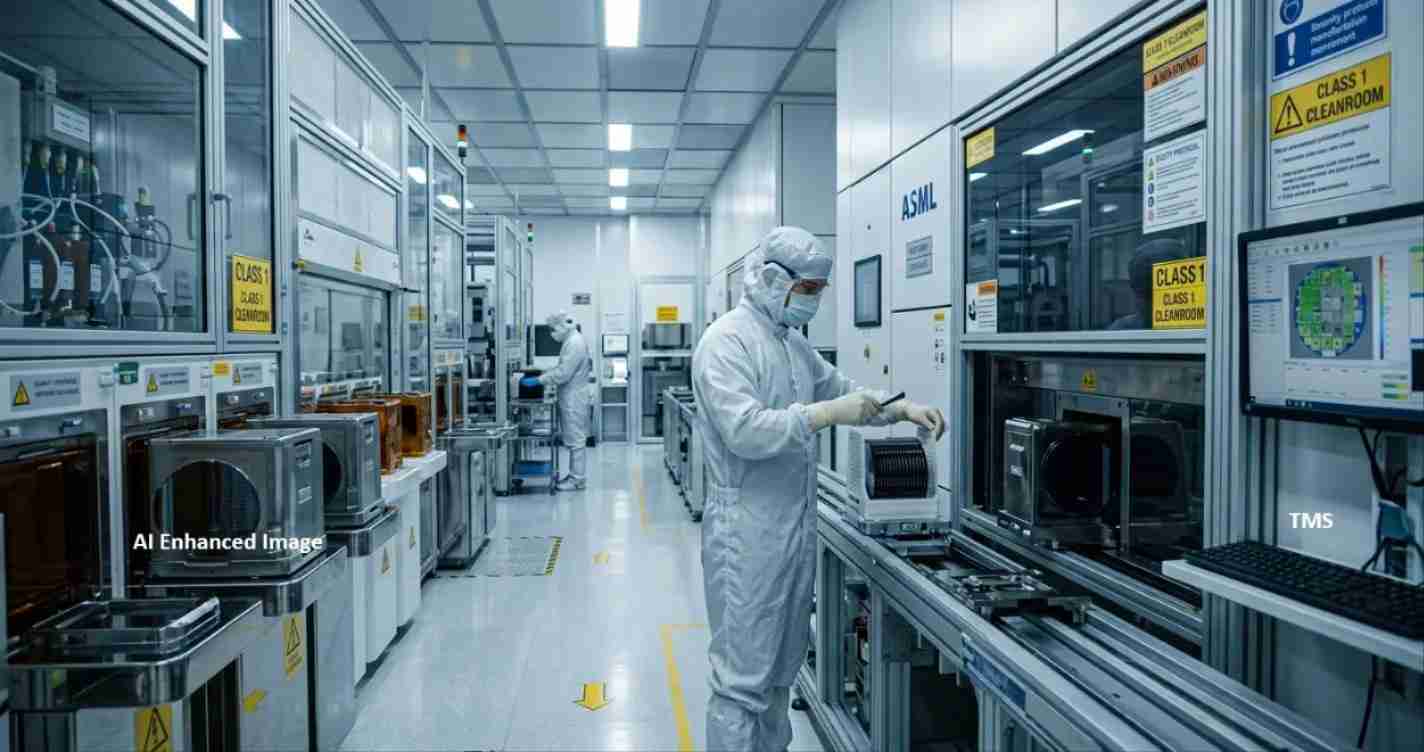 Cleanroom workers in white sterile suits operate automated manufacturing equipment along a production line.