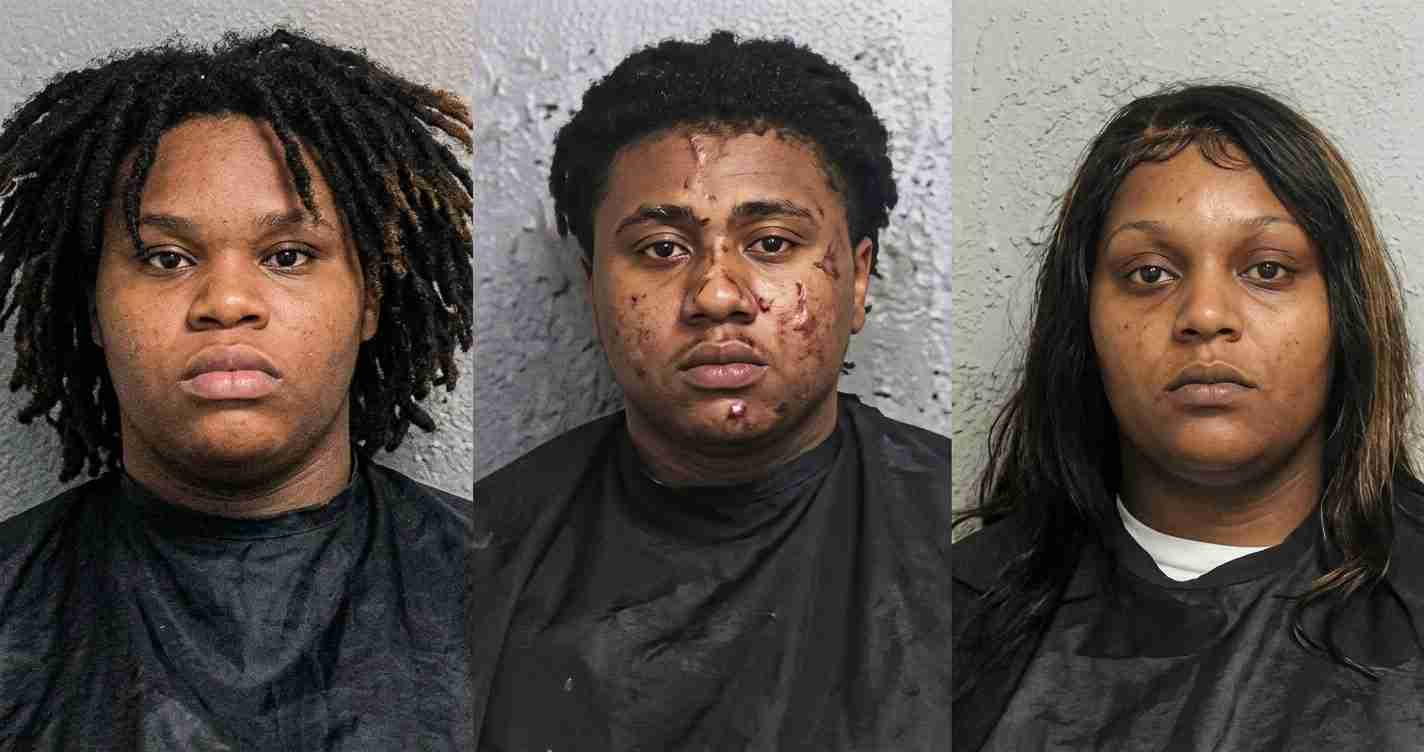 Mugshot lineup of three young adults: left with dreadlocks, middle with facial injuries, right with long dark hair and neutral expression.
