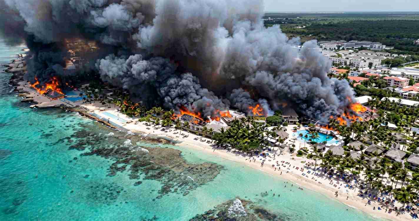 Aerial view of a seaside resort on fire with large dark smoke plumes towering over thatched buildings and a turquoise ocean nearby.