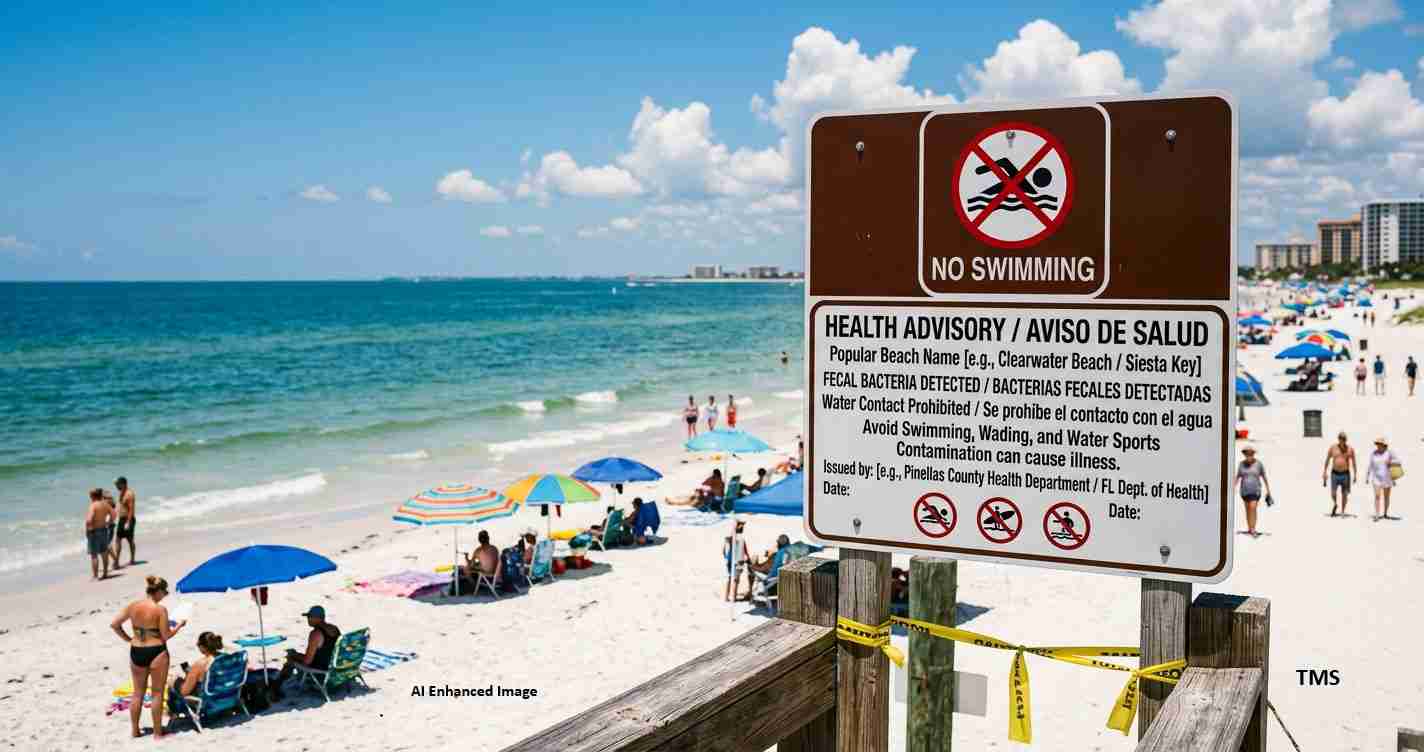 Large brown sign reading 'No Swimming' on a sunny beach with sunbathers and colorful umbrellas nearby.