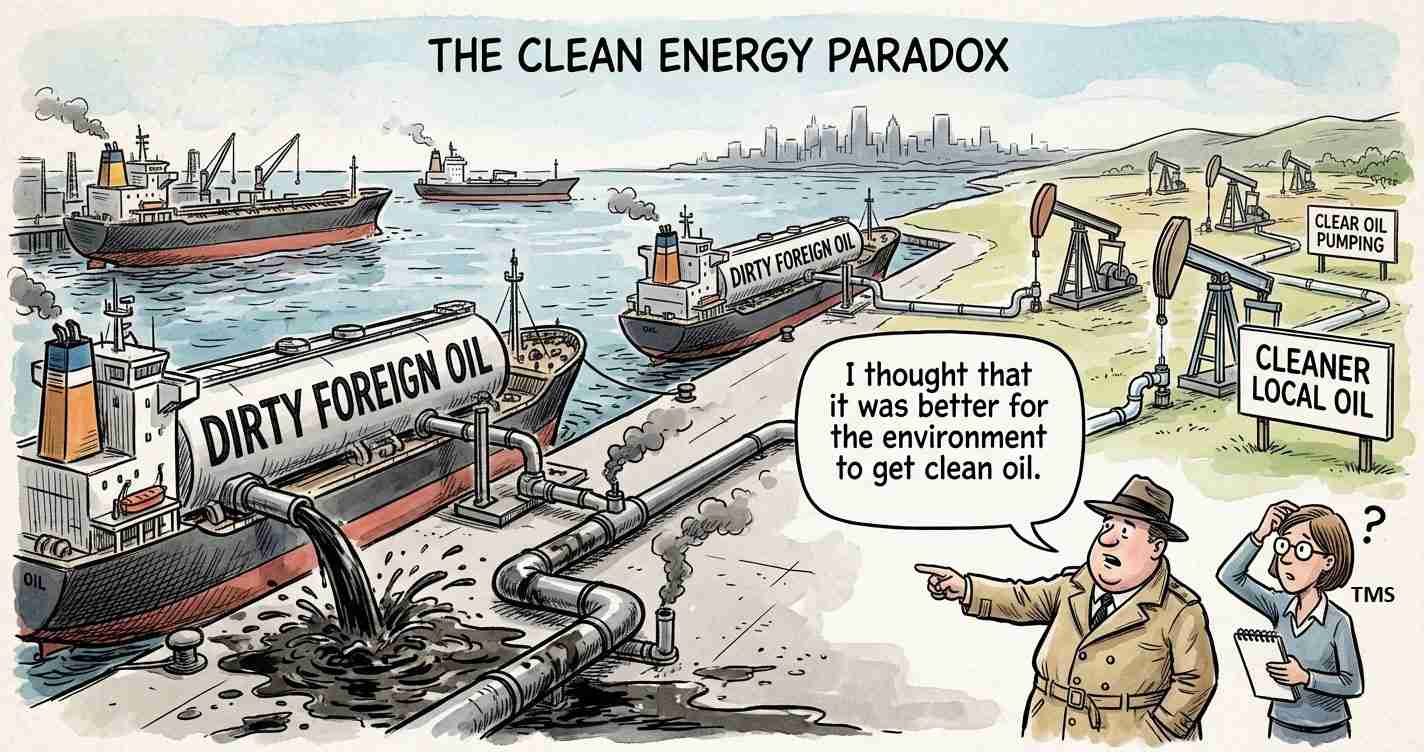 A political cartoon showing dirty foreign oil tankers spilling oil into a harbor while pipelines leak on the dock, with signs about local oil and an environmental debate edge.