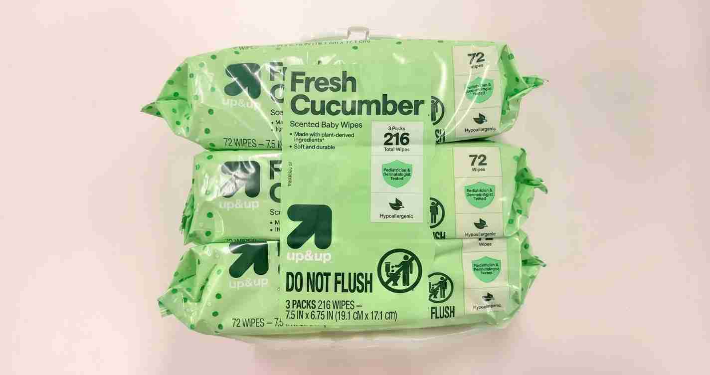 Three green packs of Fresh Cucumber scented baby wipes stacked together (72 wipes per pack). Tools for parents shown in a three-pack bundle.