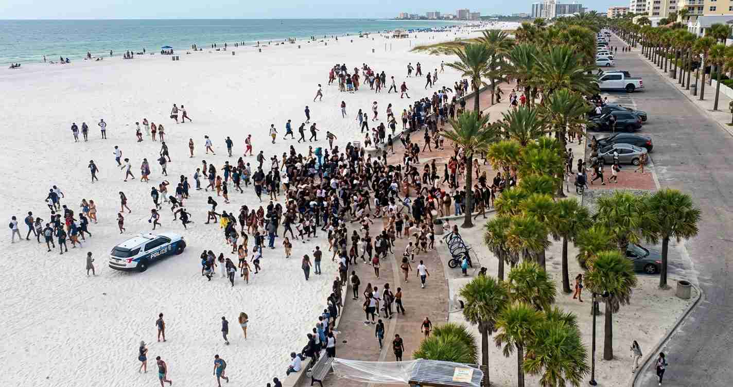 Crowd of beachgoers gathered near a palm-lined promenade along the shore; a police car rests on the sand nearby.