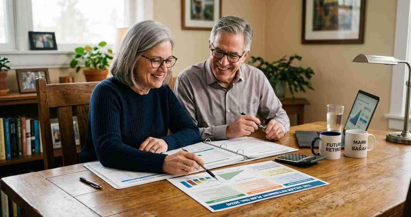Older couple reviewing financial documents at a wooden table, smiling as they plan retirement together.