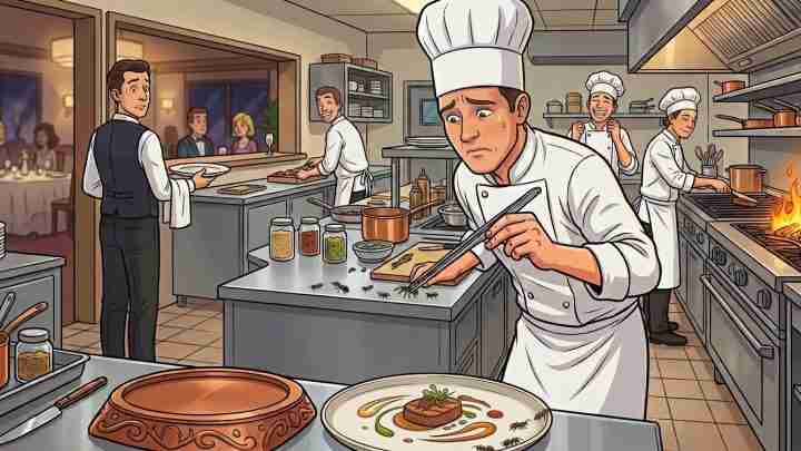 Busy restaurant kitchen; a worried chef chops on a board as flames flare from a pot, with other cooks and diners in the background.