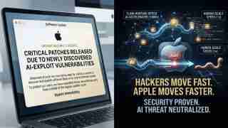 Split image: left side shows a laptop displaying an urgent security update about AI-exploit vulnerabilities; right side is a dark infographic about hackers moving fast and AI threat neutralized.