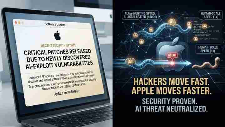 Split image: left side shows a laptop displaying an urgent security update about AI-exploit vulnerabilities; right side is a dark infographic about hackers moving fast and AI threat neutralized.