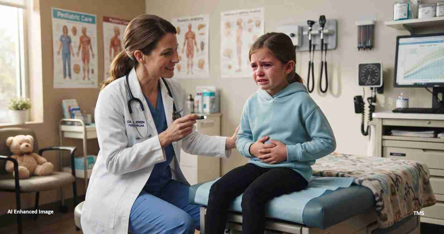 Female doctor in a white coat gently comforts a crying girl patient in a medical exam room with medical posters in the background.