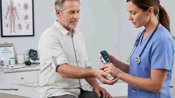 Nurse in blue scrubs uses a handheld monitor to check a senior man's vitals; blood pressure cuff on his arm during a clinic checkup.