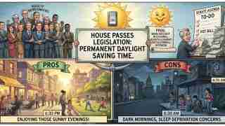 Cartoon showing lawmakers approving permanent daylight saving time, with a sun and a switch labeled On, and panels listing pros and cons of the policy: more evening daylight versus sleep loss.