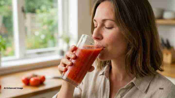 Woman sipping tomato juice from a clear glass in a bright kitchen, with tomatoes on the counter in the blurred background.