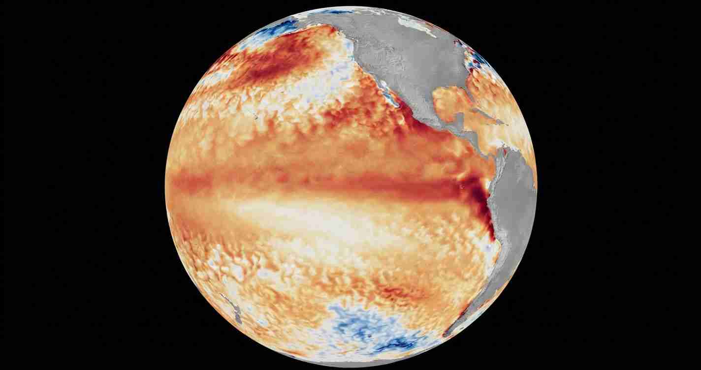 Color-enhanced globe showing global heat patterns in orange and red against a black space background (informative climate visualization).