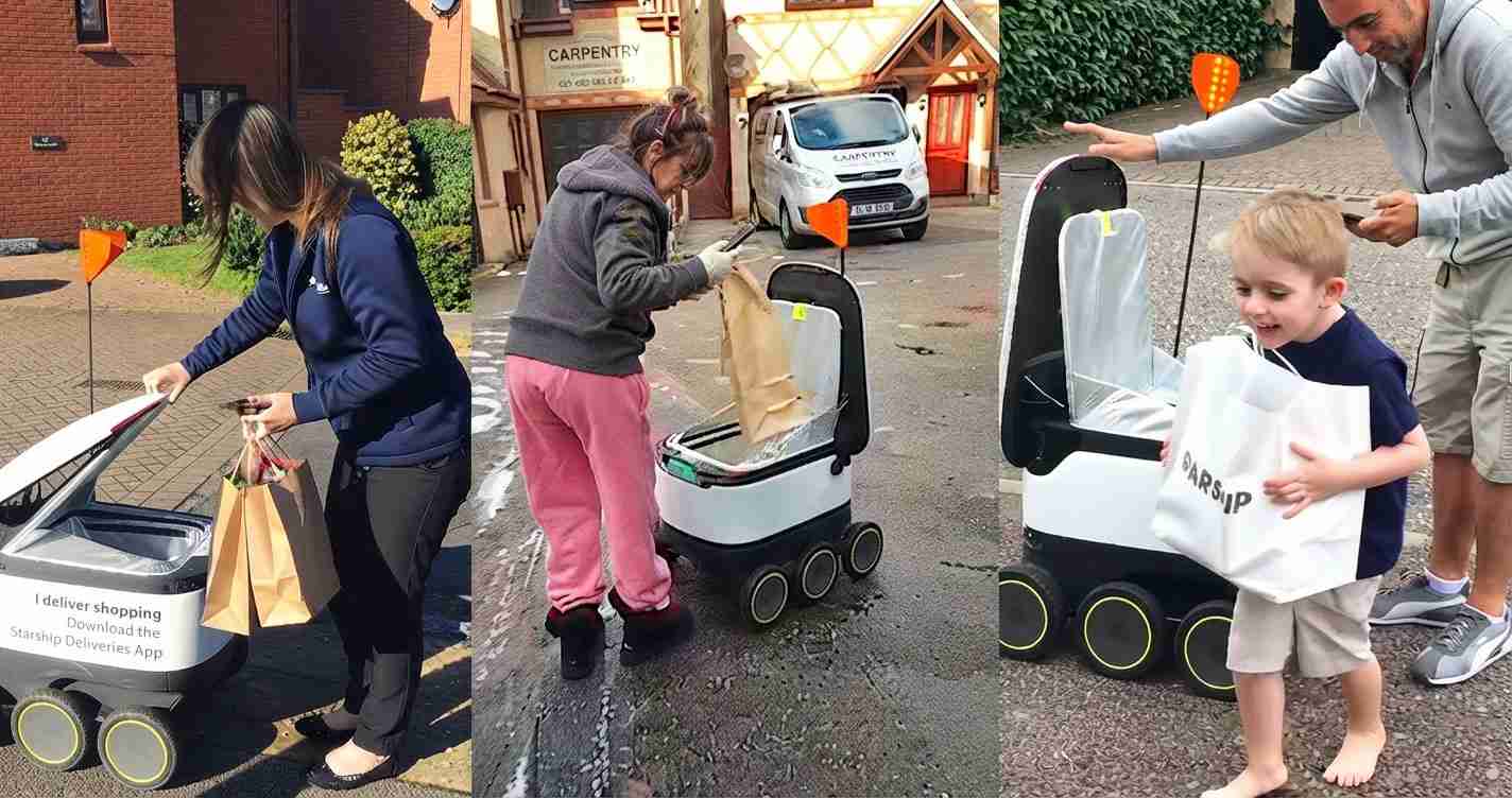 Three panels show people using a Starship autonomous delivery robot to load groceries on the sidewalk outside homes/shops.